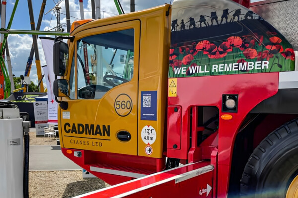 Close up of mobile crane with armed forces support livery applied