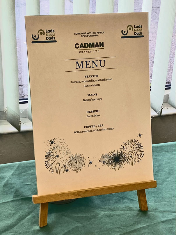 Cadman Cranes sponsor menu
